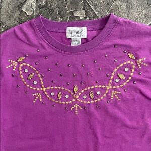 EAST WEST CASUALS Purple Tee Gold Bejeweled Embroidery & Rhinestones Boho Indie